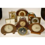 A collection of clocks to include, a Metamec marble effect mantel clock, a lantern clock, a gold