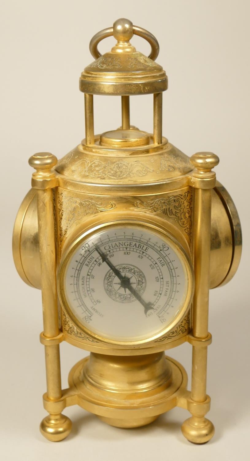 A brass desk compendium, comprising quartz clock, barometer, thermometer and compass, height 25 cm - Image 2 of 4