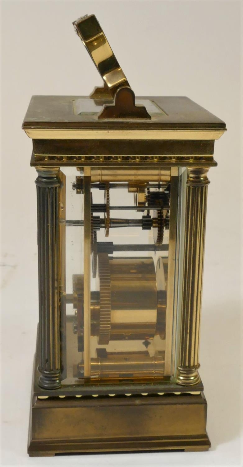A L'Epee, French, brass manual wind carriage clock, stamped by maker, with reeded columns, - Image 9 of 13