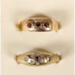 A 9ct rose gold garnet gypsy set ring, N, and a 9ct gold gemset ring, one setting vacant, R, 4.7gm