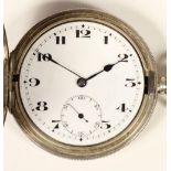 A silver full hunter keyless wind pocket watch, Birmingham 1923, lacking bezel, 15 jewel movement