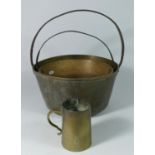 A copper & brass warming pan, together with two brass jam pans, a plated tankard and a pair of cased