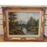 A gilt framed oil on canvas, depicting a lakeside scene, 68cm x 58cm together with a framed seascape