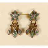 A pair of 9K gold and green gemstone ear rings, maybe green garnets?, 3.7gm