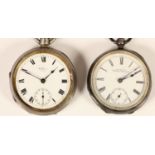 Waltham, a silver keyless wind open face pocket watch, Birmingham 1911 and another similar, both