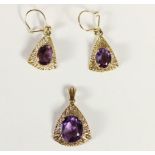 A 9ct gold and amethyst pendant and ear ring suite, 4.6gm