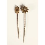 Two Victorian 15ct gold and diamond set stickpins