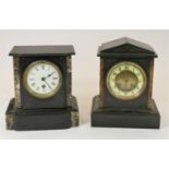 A French, slate mantel clock with inlaid marble design and a white enamel face, 22 cm, together with