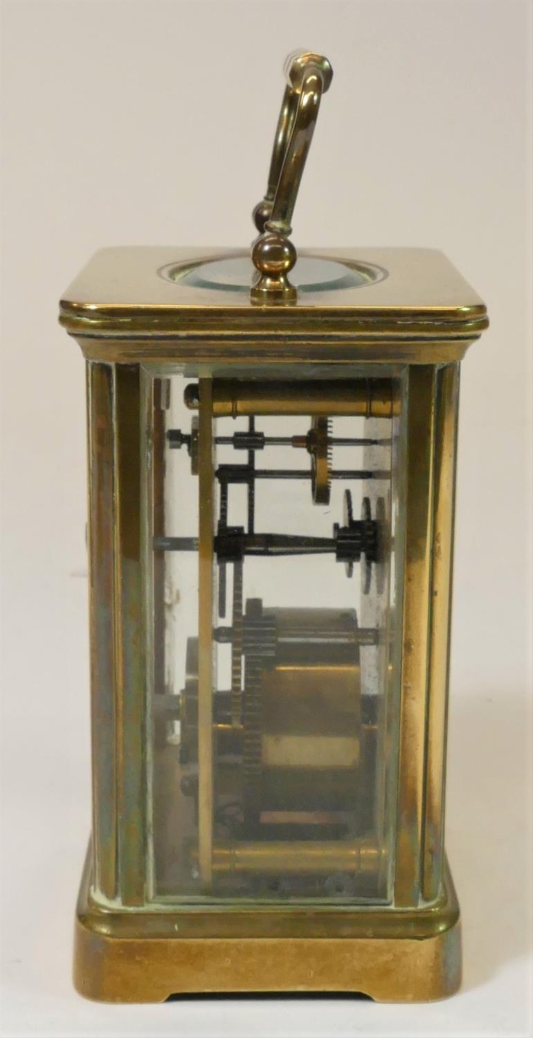 A Woodford, brass manual wind carriage clock 17 cm, together with two unmarked brass carriage clocks - Image 3 of 13