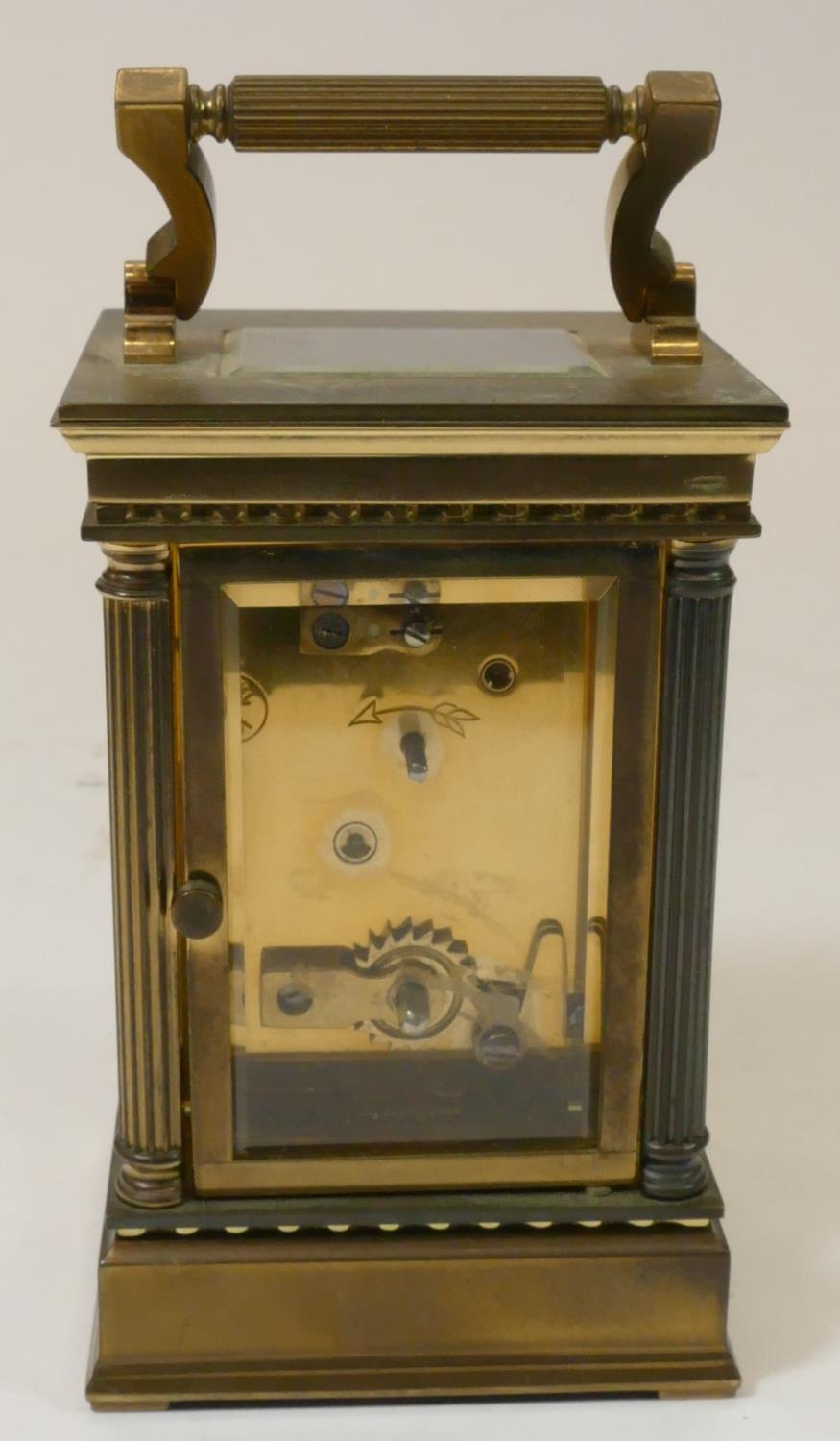 A L'Epee, French, brass manual wind carriage clock, stamped by maker, with reeded columns, - Image 10 of 13