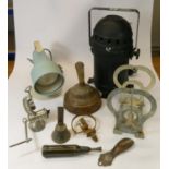 A collection of early hand pump sprayers, brass scales, copper ponsh, mincer, oil lamp, horse