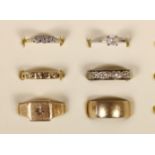 Three 9ct gold signet rings, 9.3gm, an 18ct gold and diamond ring, 2gm and two other rings
