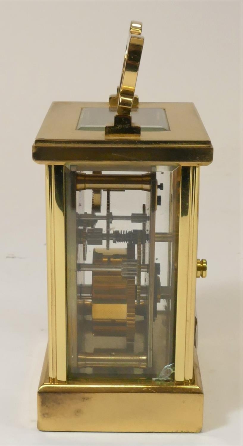 A Woodford, brass manual wind carriage clock 17 cm, together with two unmarked brass carriage clocks - Image 9 of 13