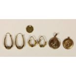 Two pairs of 9ct gold earrings and three pendants, 9.7gm