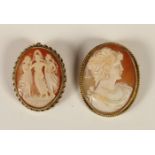 A 9ct gold mounted shell cameo brooch, depicting the Three Graces, 33 x 27mm and another depicting a