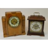 A Franz Hermle, mahogany mantle clock, with bronze effect detailing, together with Art Deco,