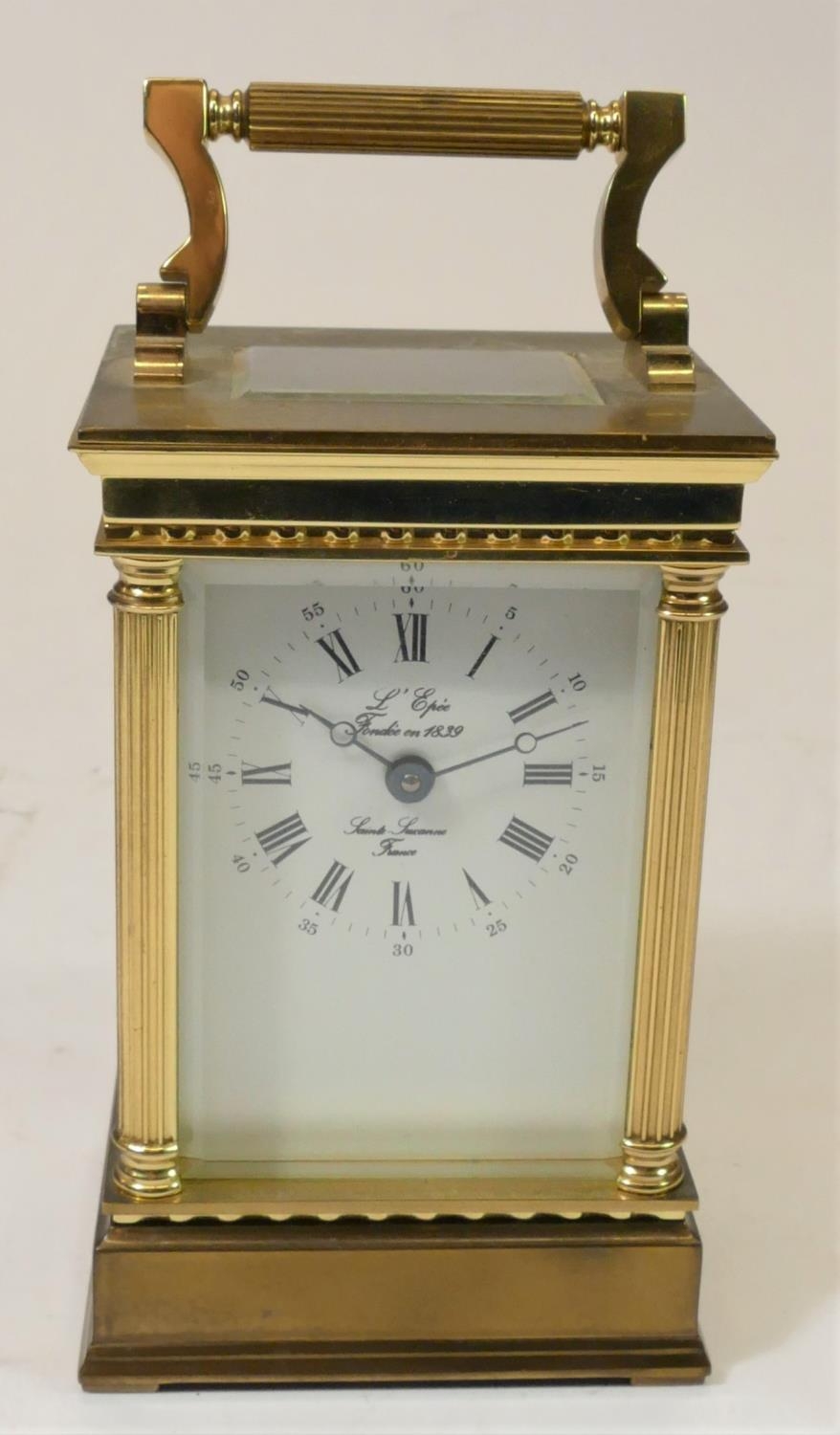 A L'Epee, French, brass manual wind carriage clock, stamped by maker, with reeded columns, - Image 8 of 13