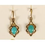 A pair of 9ct gold and turquoise ear rings, 1.7m