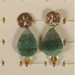 A pair of gold mounted green agate ear rings, 5.6gm