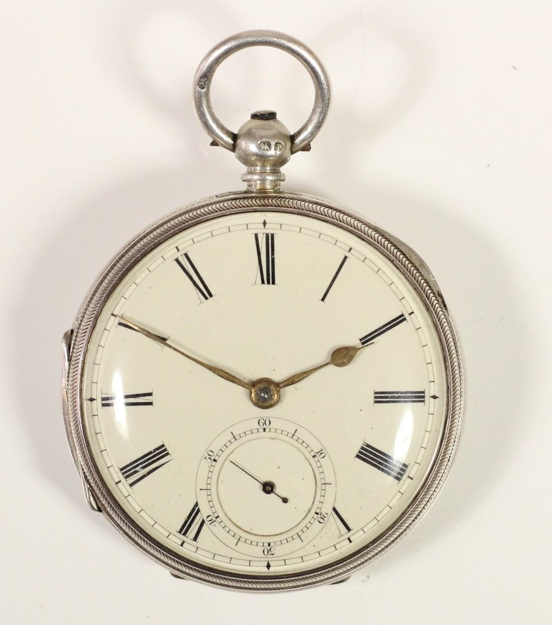 A Victorian silver key wind open face fusee pocket watch, London 1865, white enamel dial, unsigned