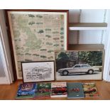 A Bartholomew vintage car poster, framed 110 x 85cm, a Jaguar showroom poster, framed and other