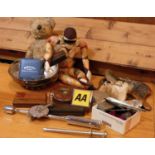 A collection of collectibles and other items to include, a jointed teddy bear, silk Pierrot doll, AA