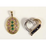 A 9ct gold sapphire and diamond open hear pendant, and a 9ct gold emerald set pendant, 3.6gm