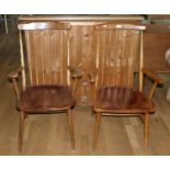 Two beech and elm highbacked chairs, c.1980's, together with a pine cabinet with hinged H-98cm,