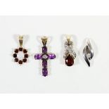 A 9ct gold amethyst and diamond cross pendant, an opal and garnet pendant and 2 other pendants, 4.