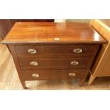 An Edwardian three height chest of drawers with brass drop handles. 91cm wide, 77cm tall, 45cm deep,