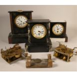 A collection of clocks to include, slate and marble mantel clocks, together with a wooden mantel
