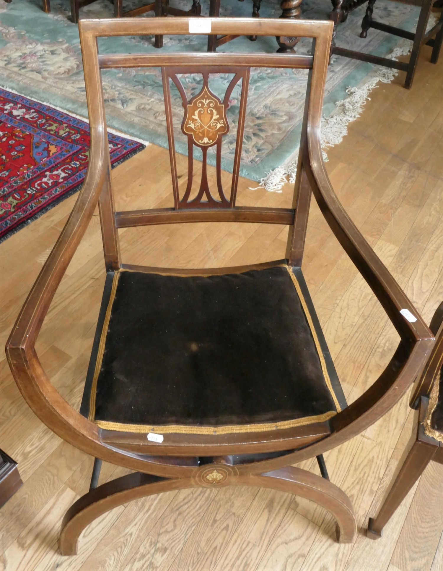 An Edwardian tub chair in mahogany with inlay to the legs and arms, shaped supports to the arms - Image 2 of 4