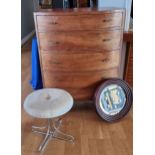 An oak bow fronted chest of drawers, with geometric brass handles, together with a 1950s stool, with