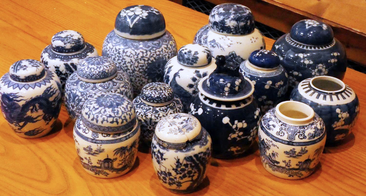 A collection of Chinese blue & white prunus ironstone ginger jars, to include Victorian and later