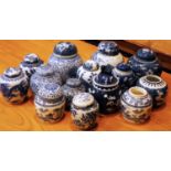 A collection of Chinese blue & white prunus ironstone ginger jars, to include Victorian and later