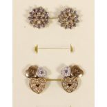 A pair of 9ct gold diamond set triple heart ear studs and another pair of diamond set ear studs, 5.