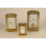 A miniature brass carriage clock style barometer, together with a Bayard brass carriage clock, made