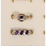 A 9ct gold sapphire and white stone ring, R and a n amethyst and white stone ring T 1/2, 3gm