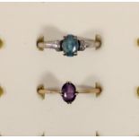 A 9ct white gold, probably blue topaz and diamond ring, P 1/2 and a 9ct gold amethyst ring, R, 3gm