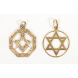 A 9ct rose gold engraved Masonic fob, Chester 1931 and a Star of David pendant stamped 750, 4.1gm
