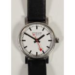 Mondaine, a ladies stainless steel quartz SBB CFF FFS Railway wristwatch, original leather strap,