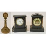 A French, slate mantel clock with inlaid marble design and a white enamel face, 22 cm, together with