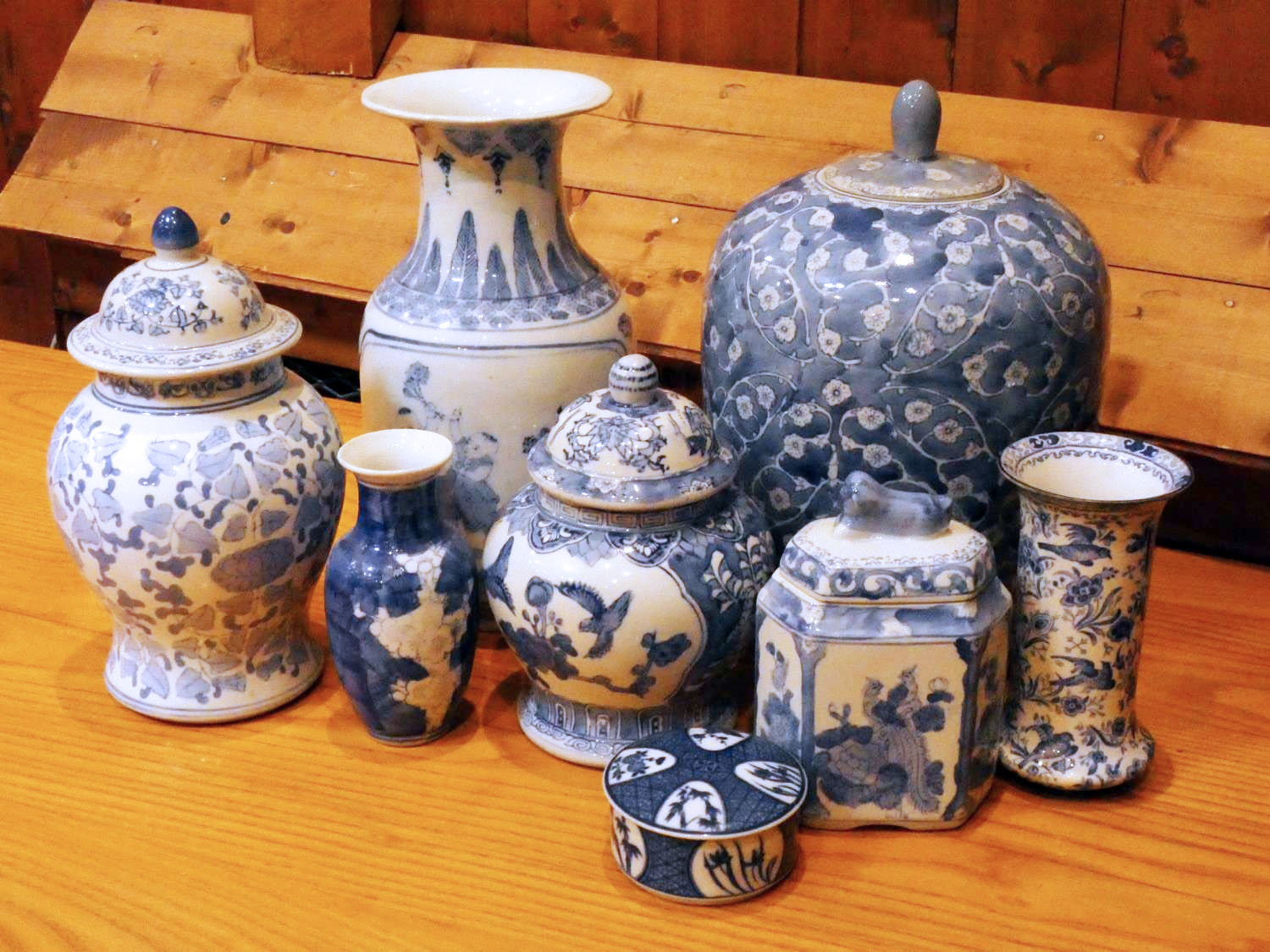 A collection of Chinese blue & white lidded vases and ginger jars to include, an early flower vase
