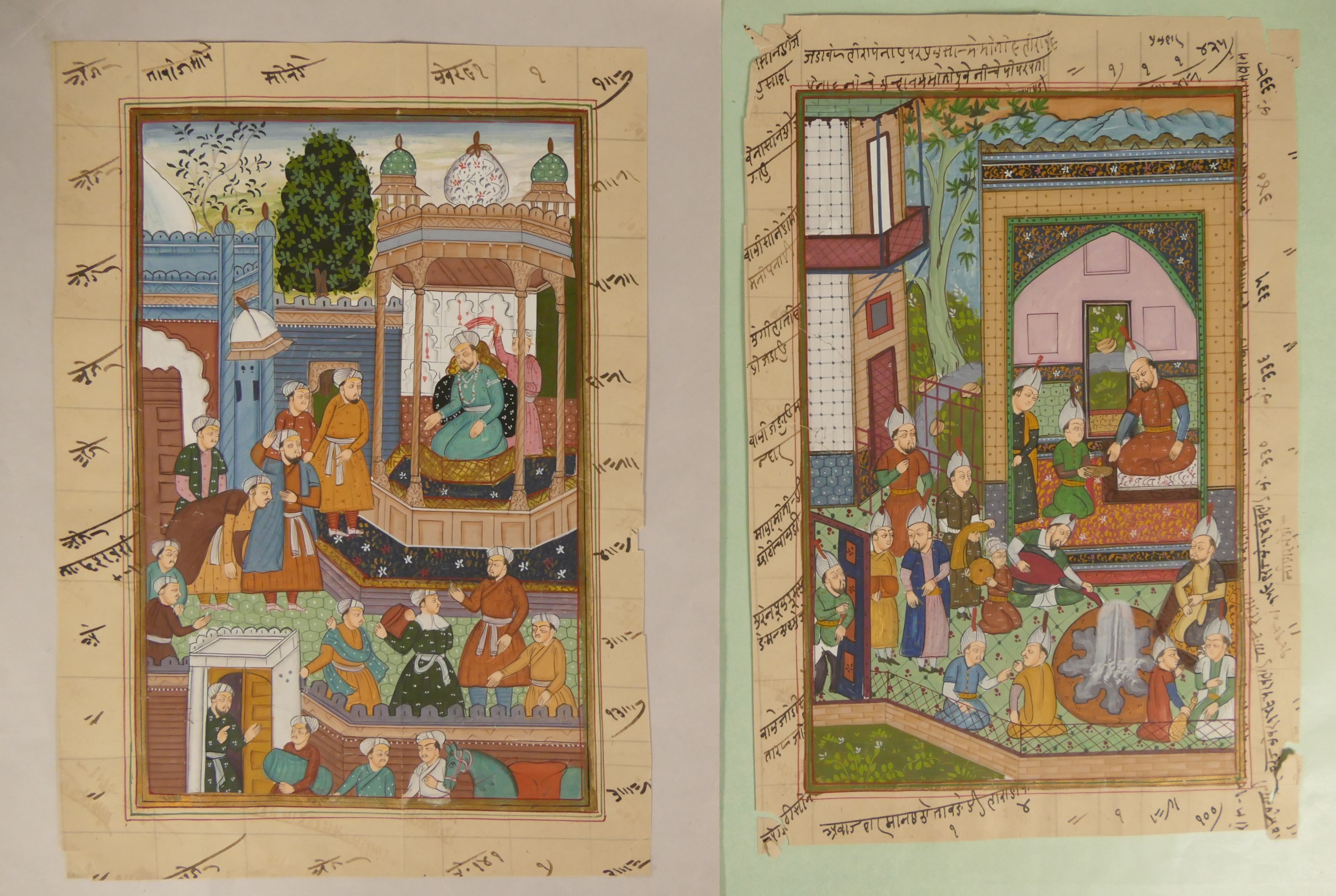 Three Persian hand coloured mass pages with Arabic/ Persian manuscript to the reverse, together with