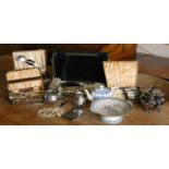 A three piece plated tea service together with cased & loose cutlery, a cased dressing table set, an