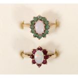 A 9ct gold opal and garnet cluster ring, N and a 9ct gold opal and emerald ring, L 1/2, 4.5gm