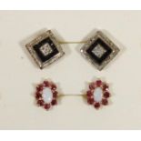 A pair of 9ct gold opal and garnet ear studs and a pair of sapphire ear studs