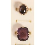 A 9ct gold smokey quartz ring, R and a 9ct gold and amethyst glass ring, L, 8.6gm