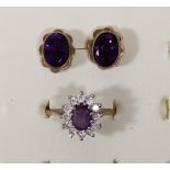 A 9ct gold amethyst and white stone cluster ring, P and a pair of amethyst ear studs, 5.2gm