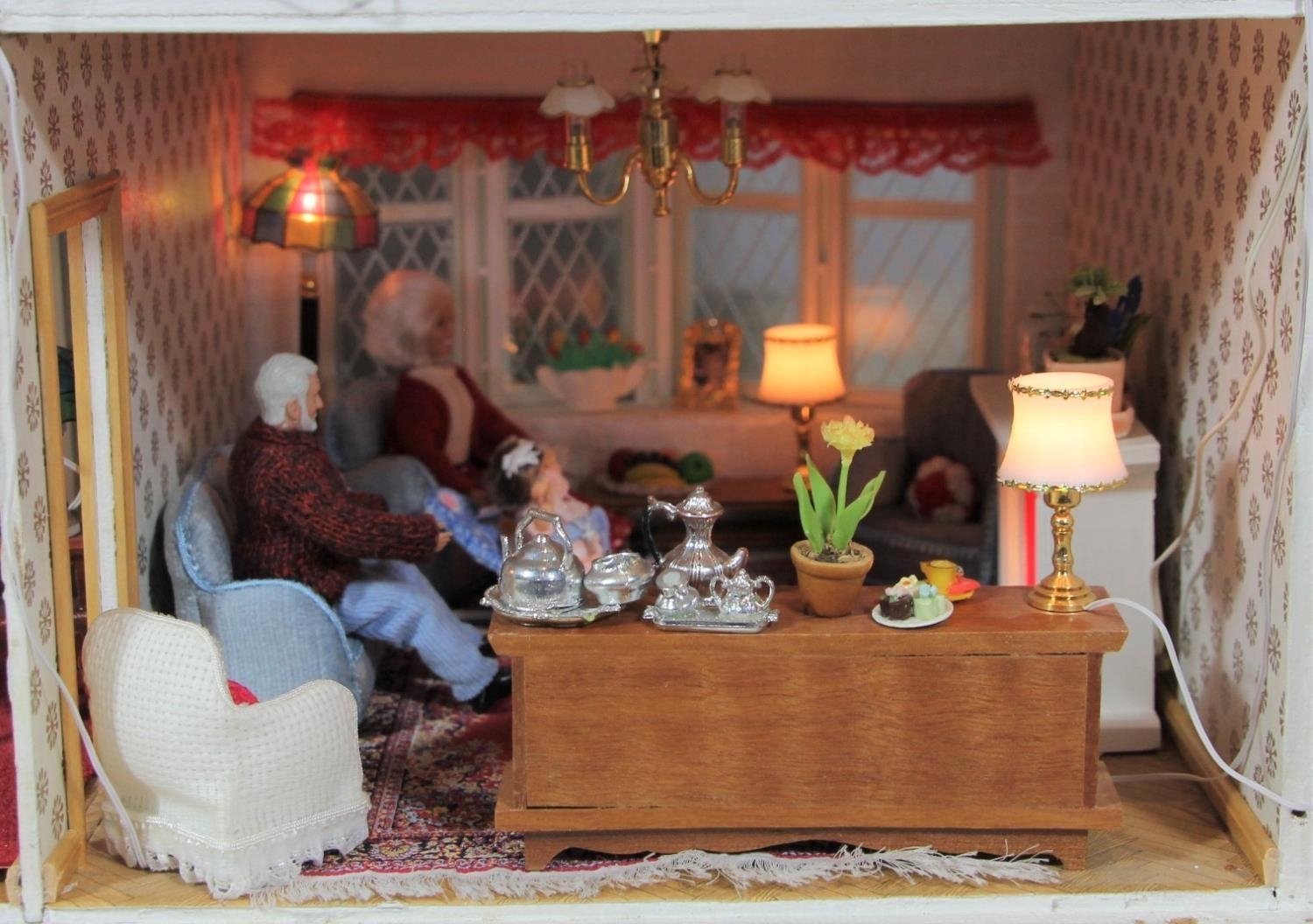 A large hand built dolls house diorama, composed of a two story chalet type house with integral - Image 11 of 20